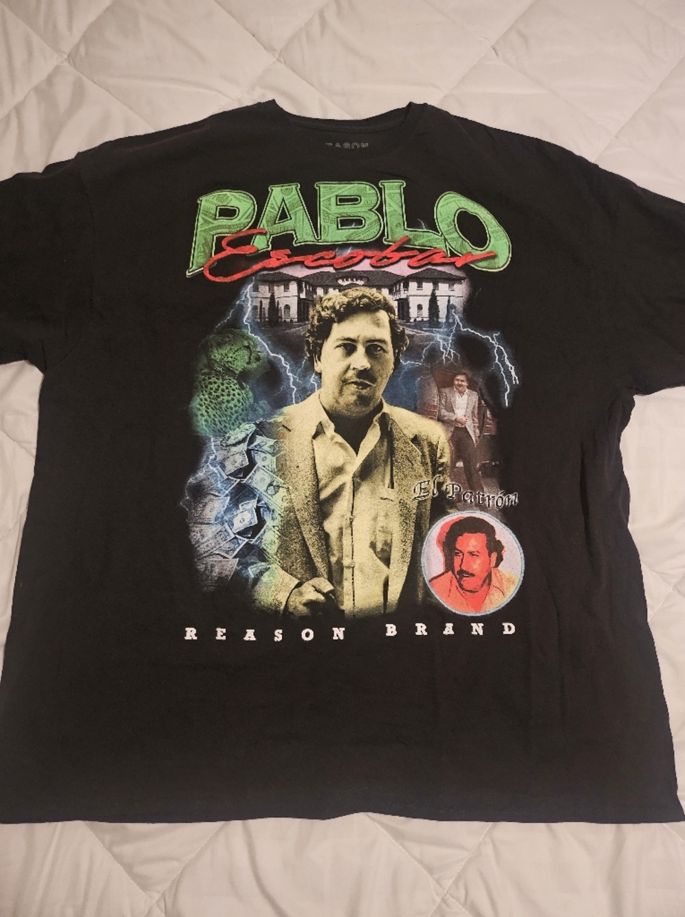 NWOT Pablo Escobar Reason Black Graphic Tee with Green and Red Accents